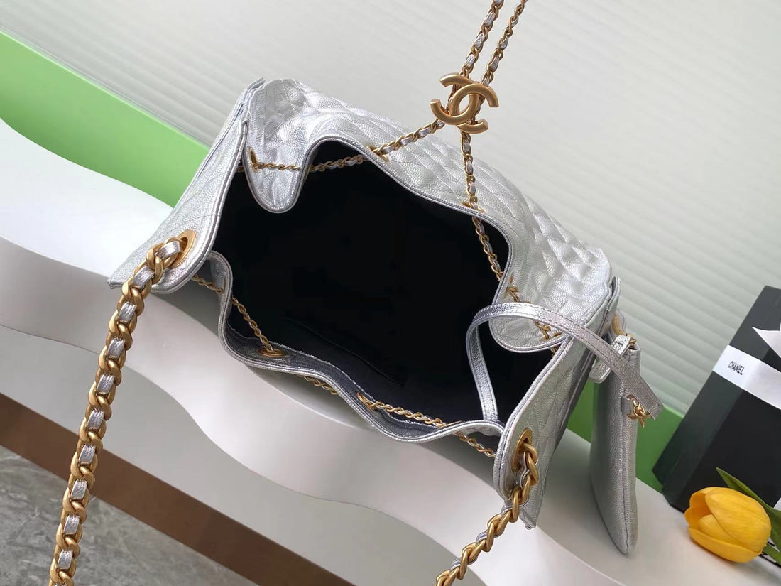 CC 25C Hobo Bags 40CM Silver Metalic Grained Calfskin