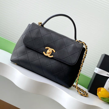 CC 25S Vintage Flap Bag 28CM Top Handle Black Calfskin