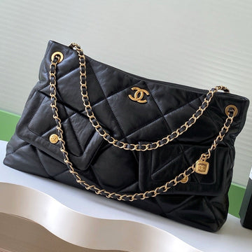 Chanel 25K Bag 38CM Black Gold Sheepskin 293989