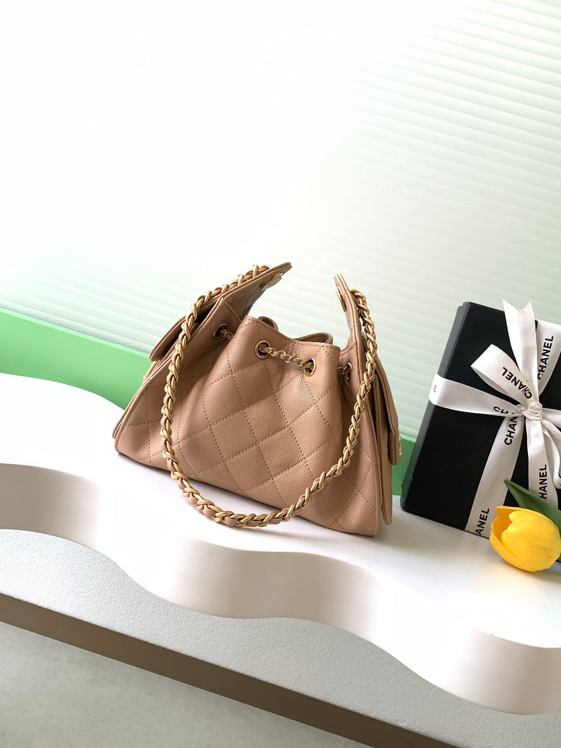 Chanel 25S Hobo Bag 22 In Beige Brown Caviar Leather With Gold Hardware