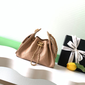 Chanel 25S Hobo Bag 22 In Beige Brown Caviar Leather With Gold Hardware