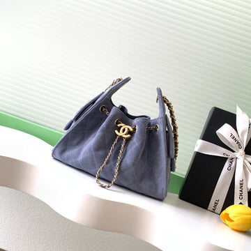 Chanel 25S Hobo Bag 22 In Blue Gray Suede With Gold Hardware