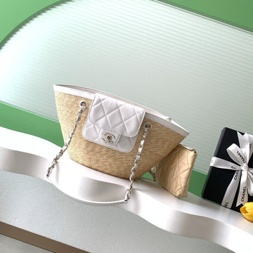 CC 2026 Medium Shopping Bag Beige White Straw Calfskin