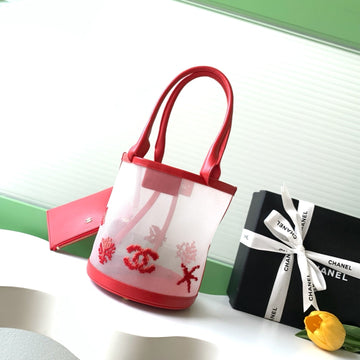 CC Large Bucket Bag Red Embroidered Mesh Calfskin