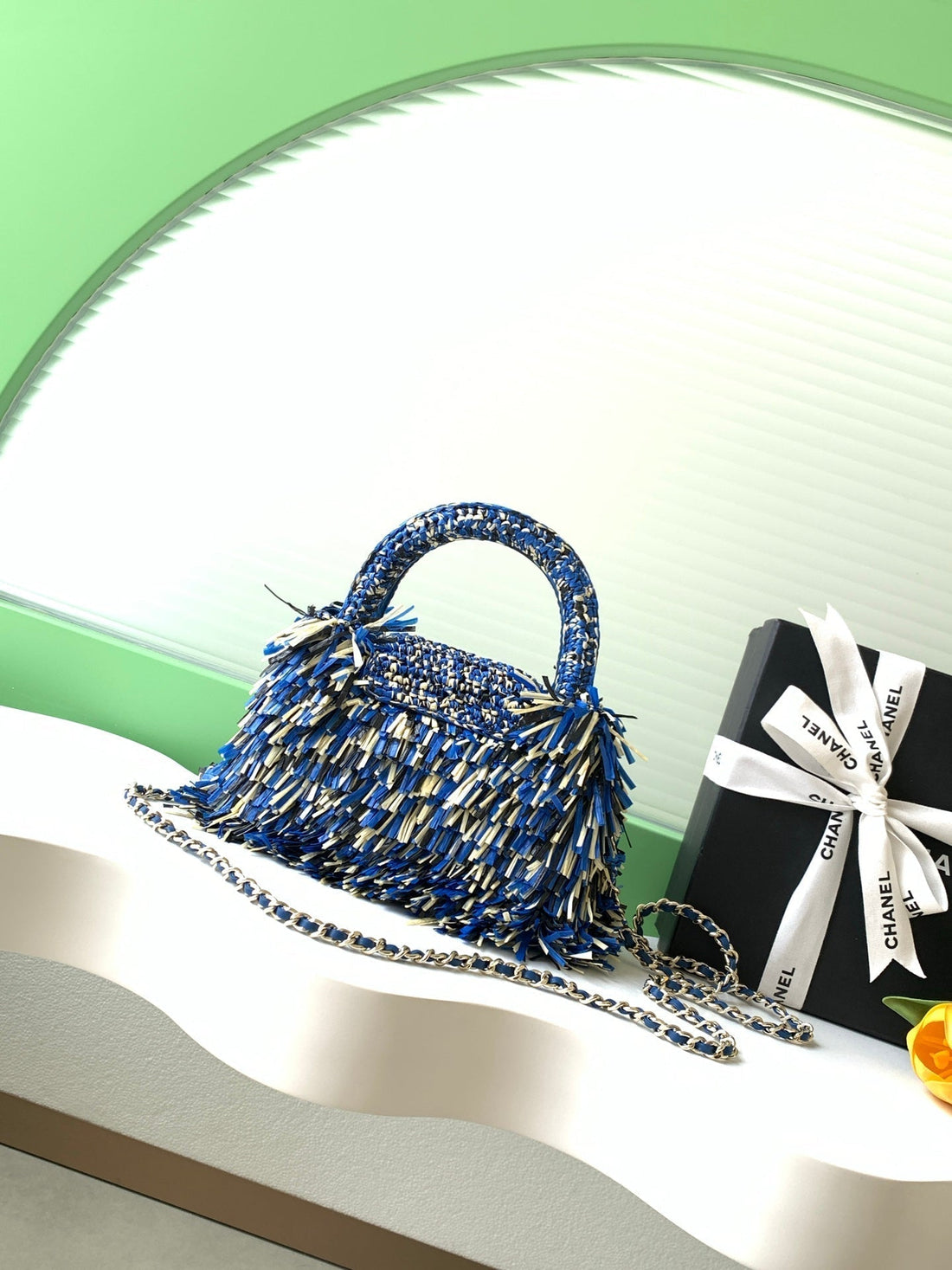 CC 2026 Top Handle Bag 19CM Blue White Raffia Fringe 292256