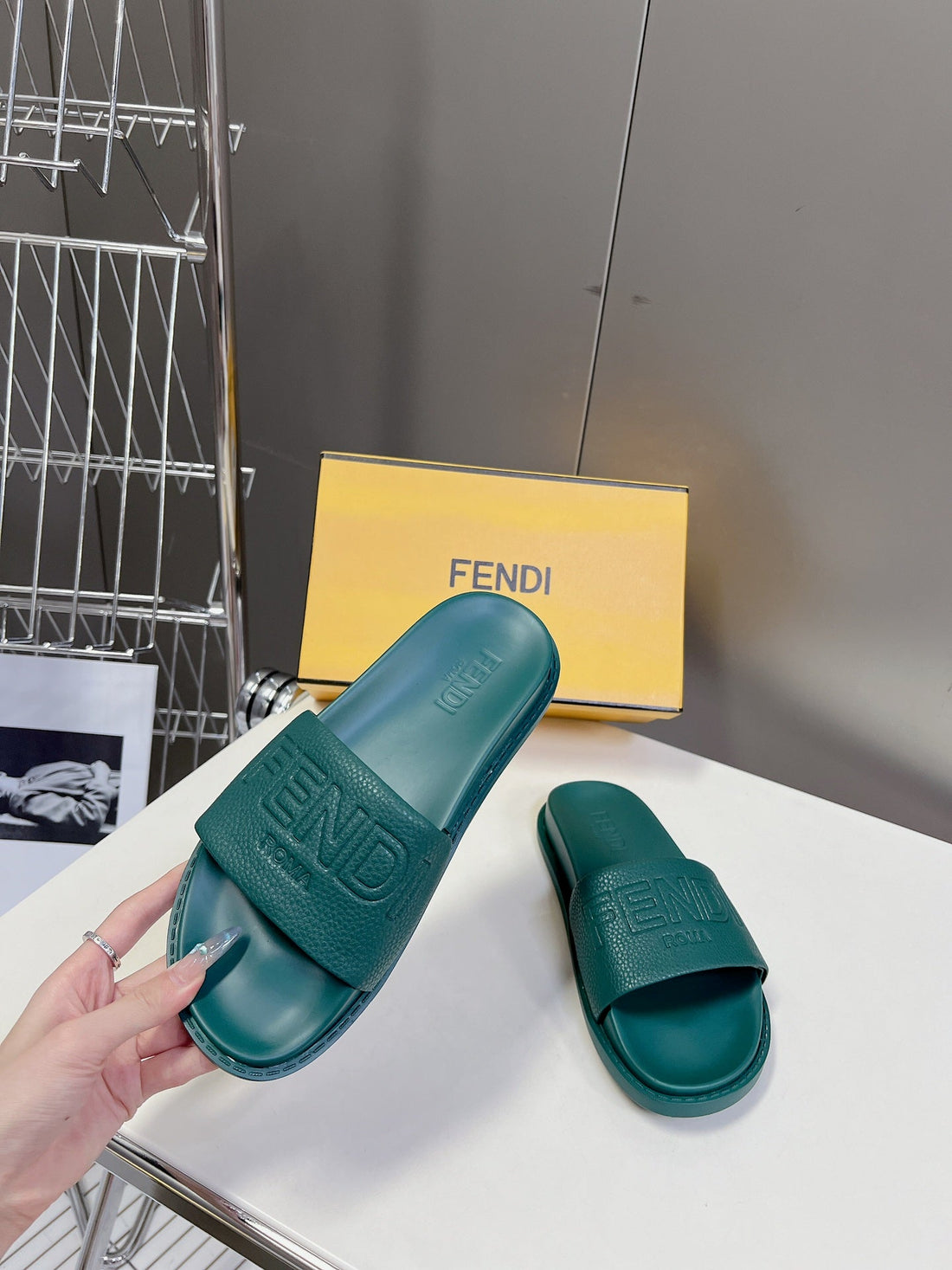 Fendi Roma Slides In Teal Green Lambskin Leather