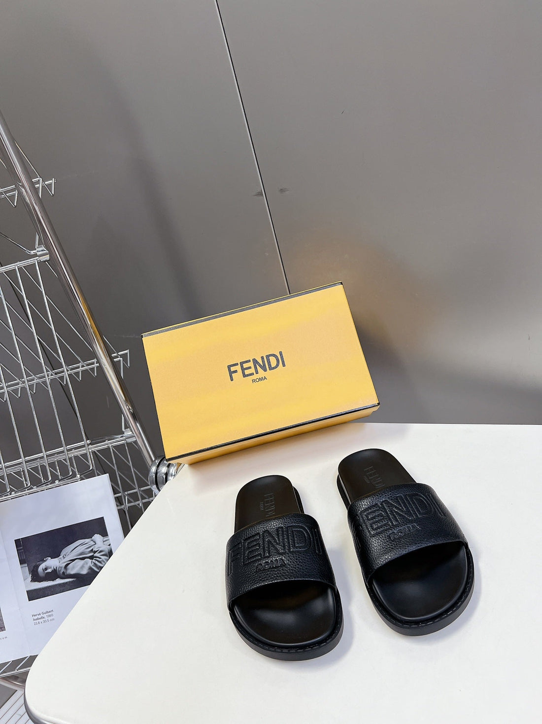 Fendi Roma Slides In Black Lambskin Leather