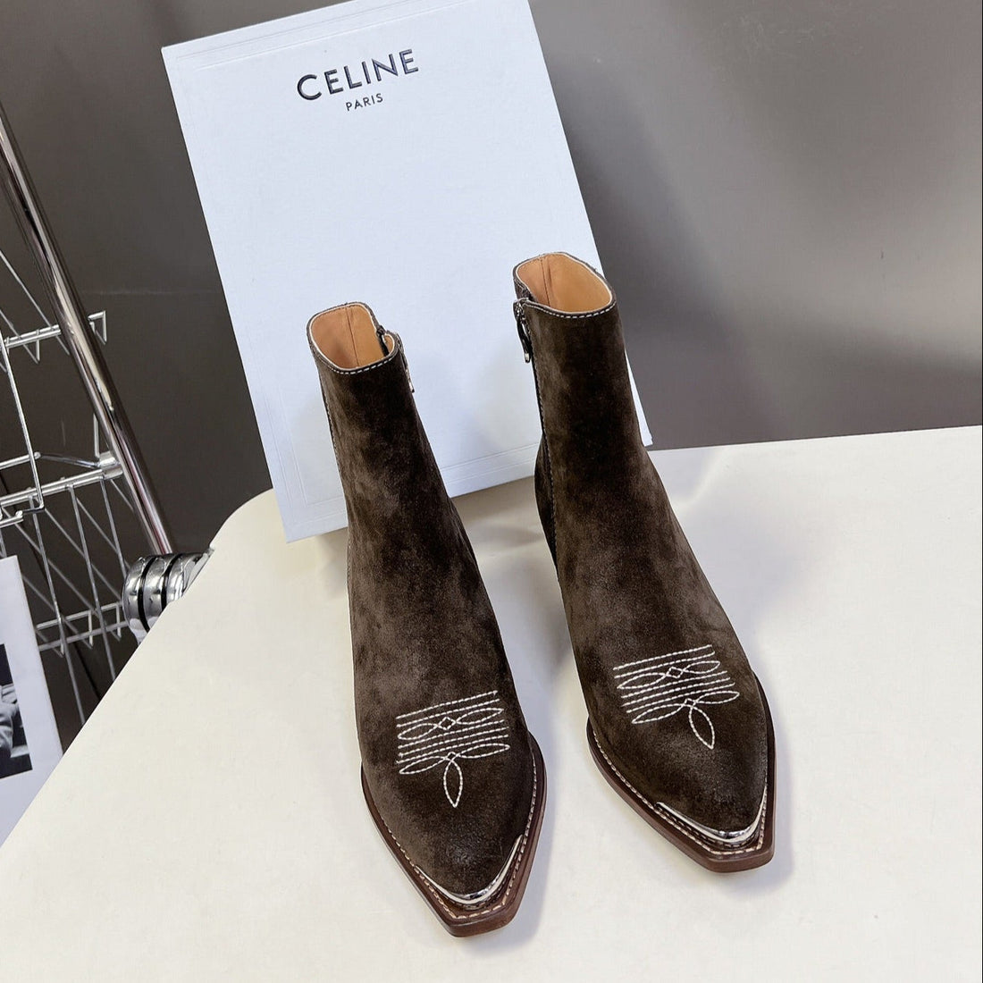 Celine 25 Cowboy Boots Dark Brown Suede 434417