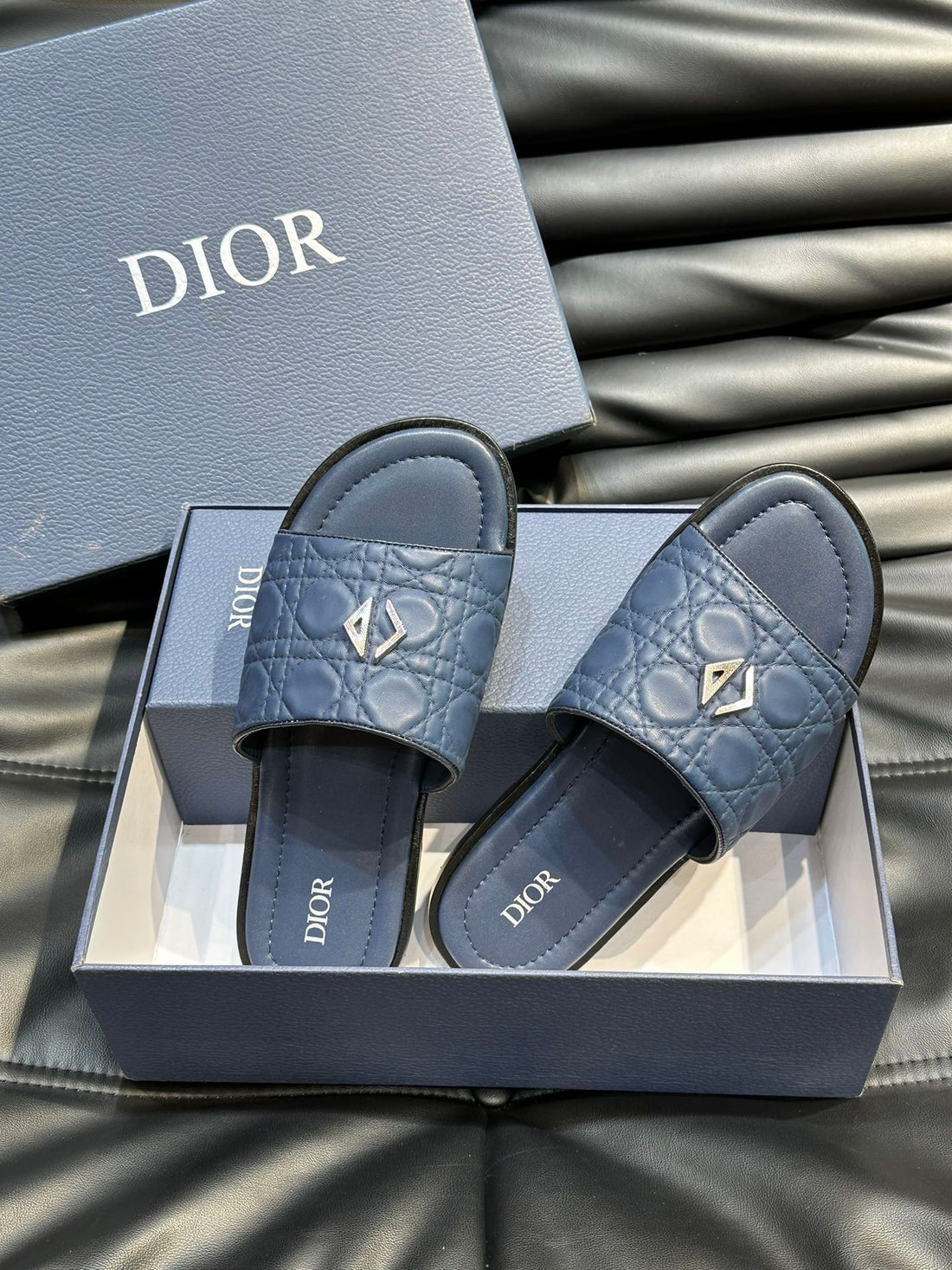 CD Alias Summer Slipper Navy Embossed Calfskin