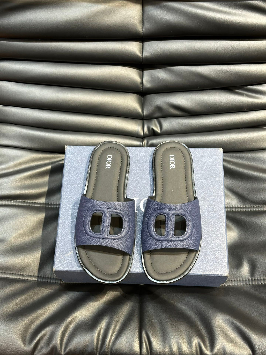 CD D-Club Slide Slipper Navy Grained Calfskin