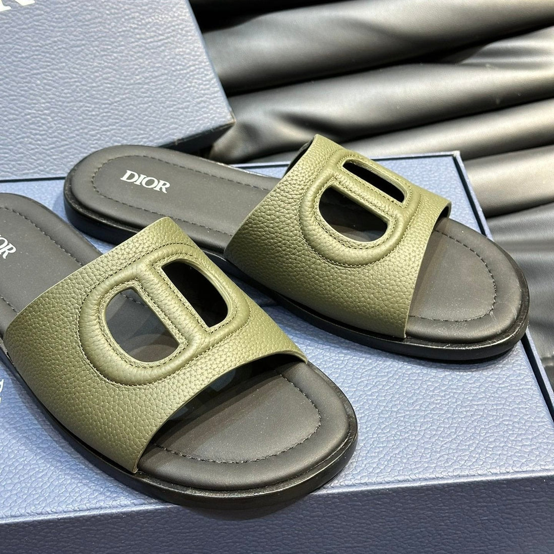 CD D-Club Slide Slipper Olive-Juniper Grained Calfskin