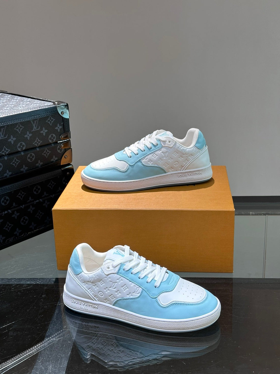 LV Sneaker White Mix Baby Blue Embossed Calfskin