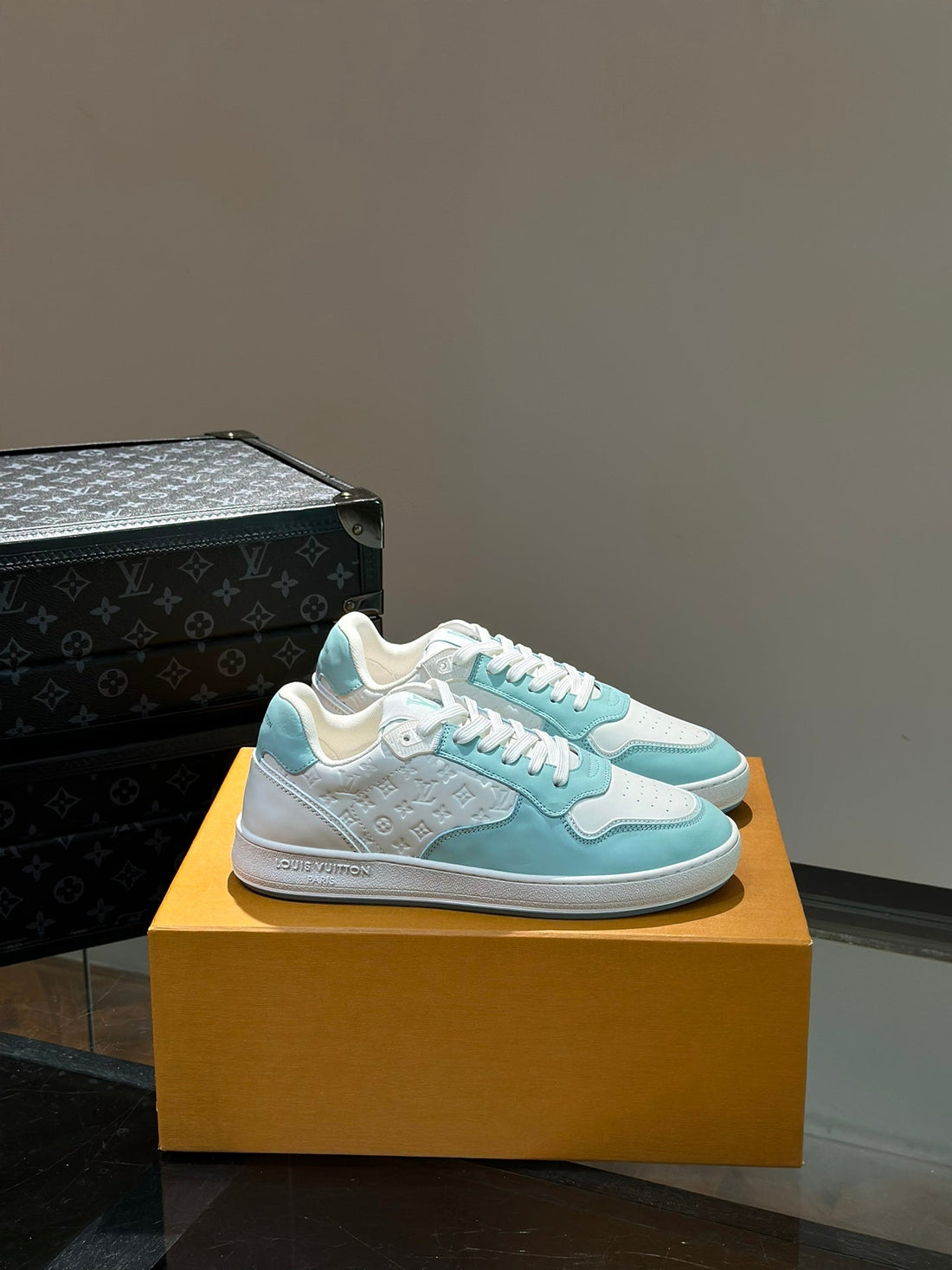 LV Sneaker White Mix Sky Blue Embossed Calfskin