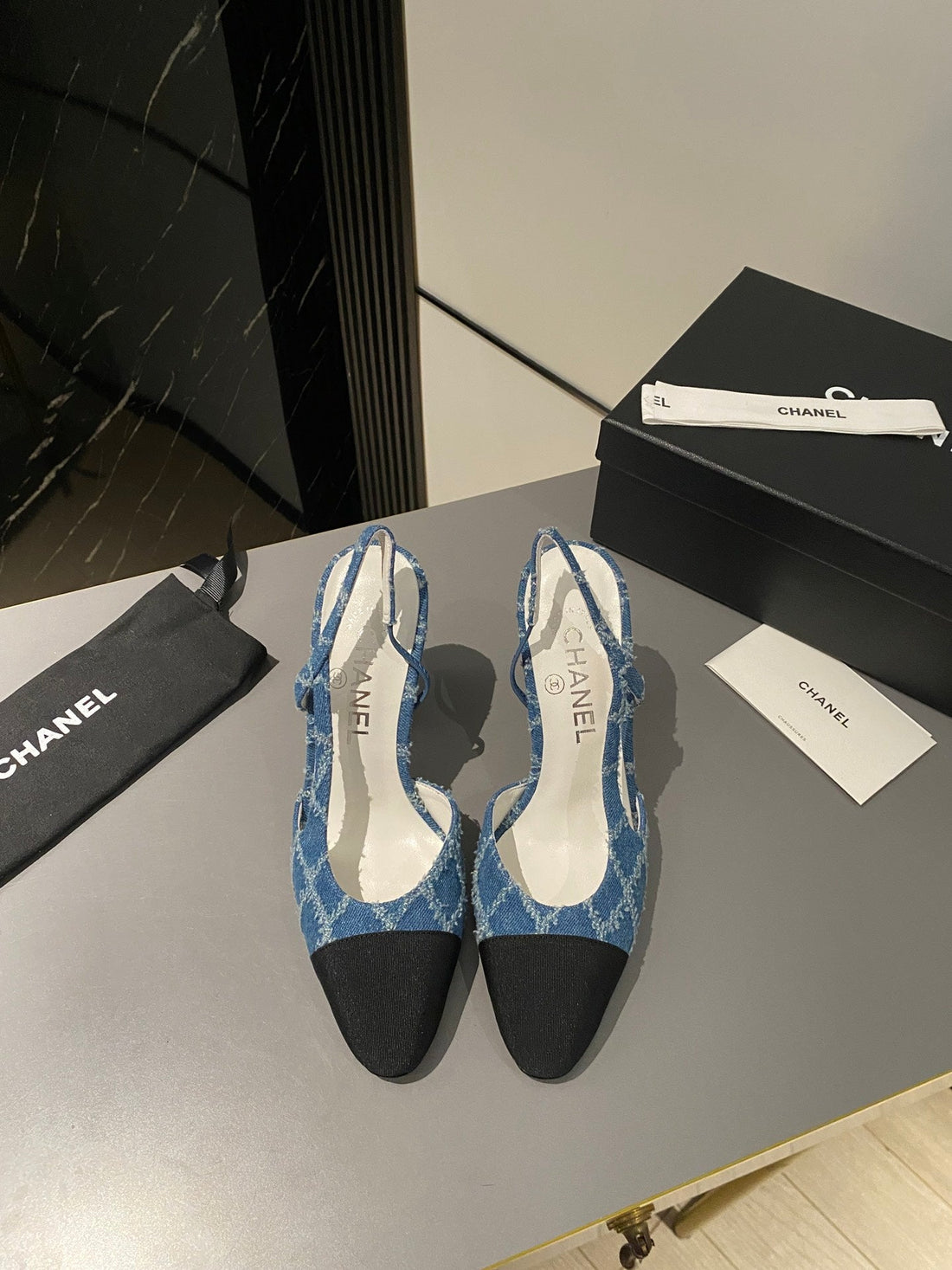 CC Slingback 95MM Dark Blue Tassel Denim Fabric