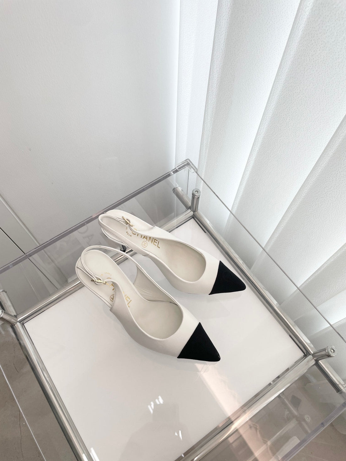 CC Slingback 95MM White Lambskin And Denim Fabric