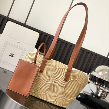 Celine Classic Panier 36CM Braieded Triomphe Beige Raffia Brown Calfskin