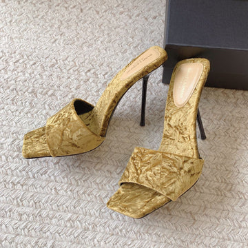 High Heel Slides In Sand Yellow Velvet