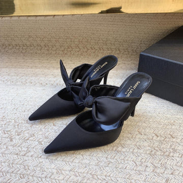 Barbara Big Bow Mules In Black Silk