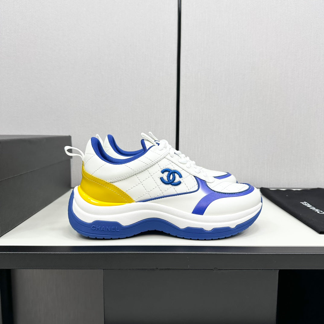 CC Sneaker In White Mix Cobalt Blue Embroidered Lambskin