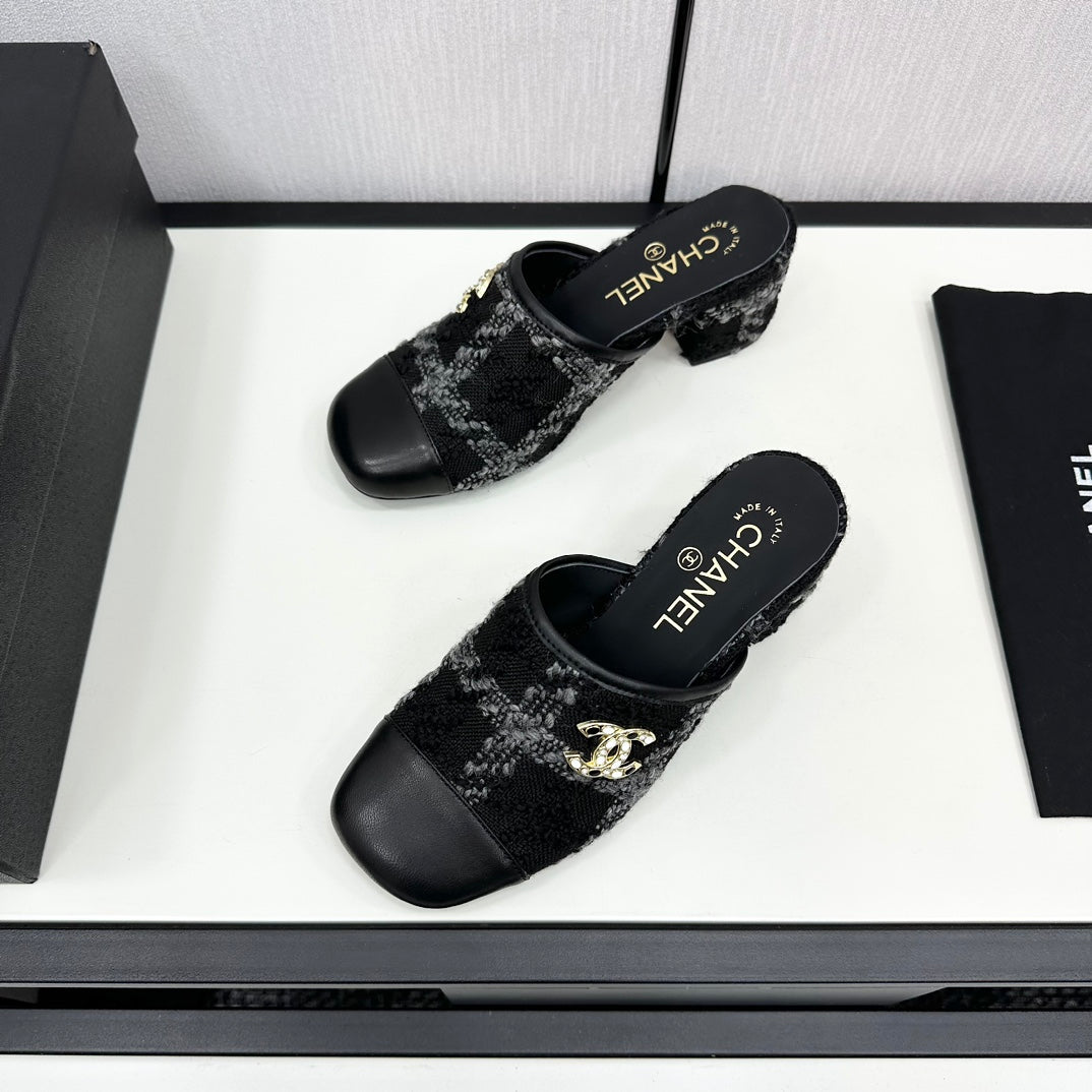 CC High Mule In Black Wool Tweed And Calfskin Gold Hardware