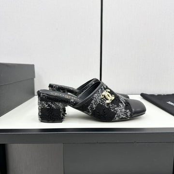 CC High Mule In Black Wool Tweed And Calfskin Gold Hardware