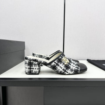CC High Mule In White Mix Black Wool Tweed And Calfskin