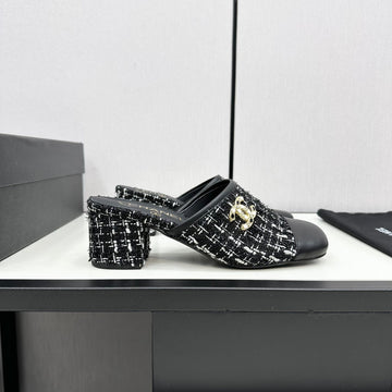CC High Mule In Black Mix White Wool Tweed And Calfskin
