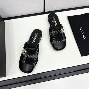 CC Flat Mule In Black Wool Tweed And Calfskin Gold Hardware