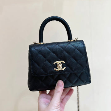 CC 24K Coco Hanle Nano 18CM Black Grained Calfskin Gold Hardware