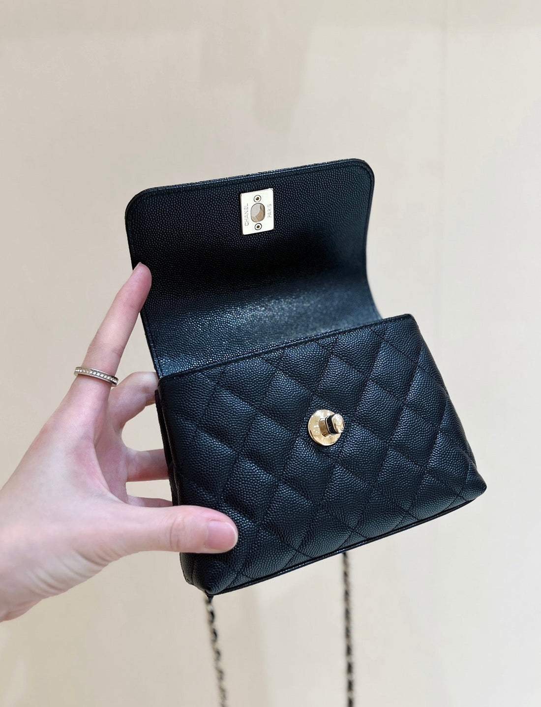 CC 24K Coco Hanle Nano 18CM Black Grained Calfskin Gold Hardware