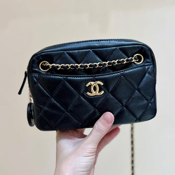 CC 24K Gold Coin Camera Bag 18CM Black Lambskin Light Ghw