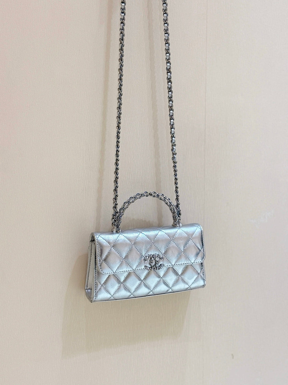 CC 25S Kelly Handle Bag Sliver 18CM Sliver Quited Lambskin 290291