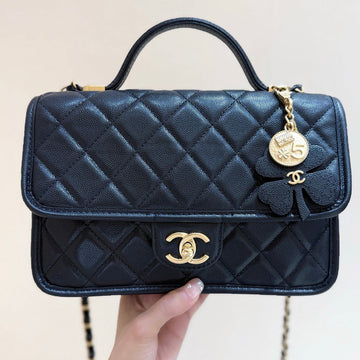 Chanel 2025 Four-Leaf Clover Bag 25CM Black Gold Caviar Leather 342125