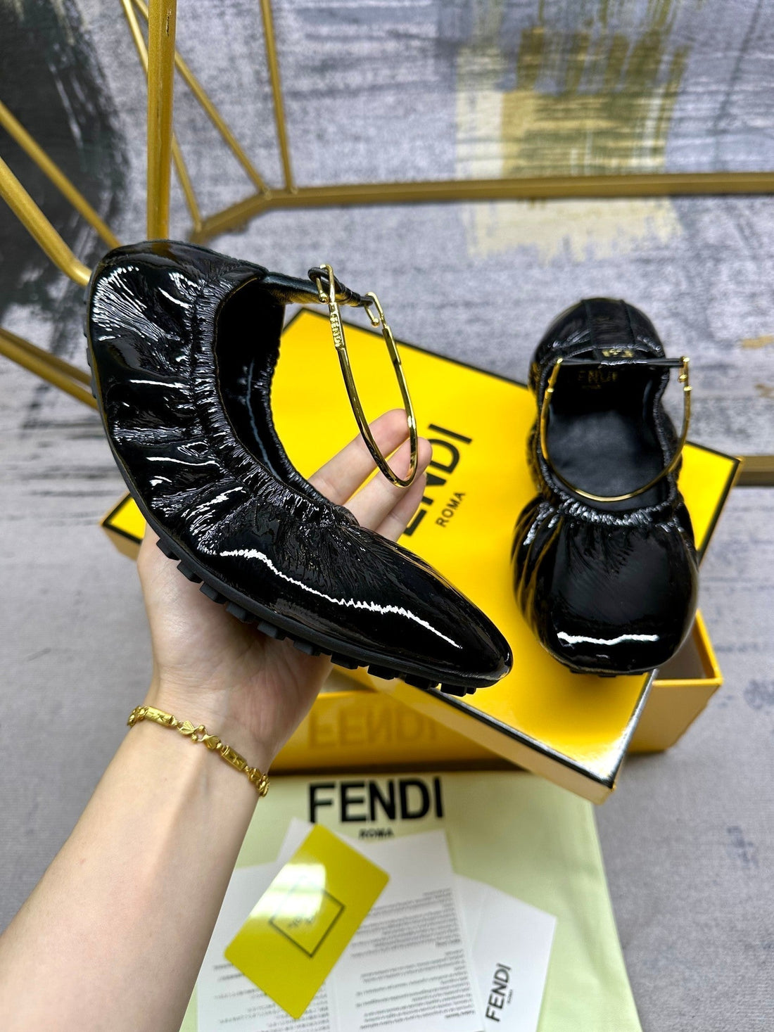 Fendi Filo Ballet In Black Lambskin With Gold Hardware