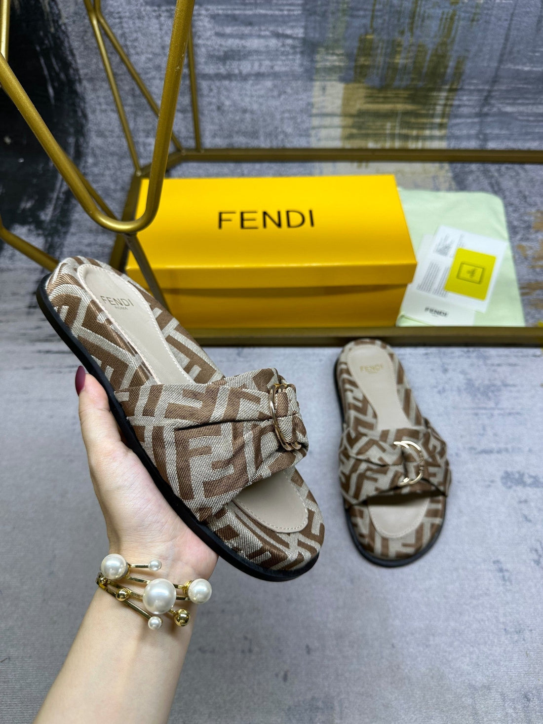 Ff Feel 10 Brown Beige Ff Jacquard Slide