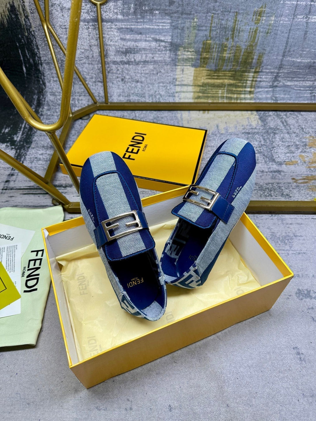 Fendi Baguette Loafers In Azure Blue Canvas Gold Hardware