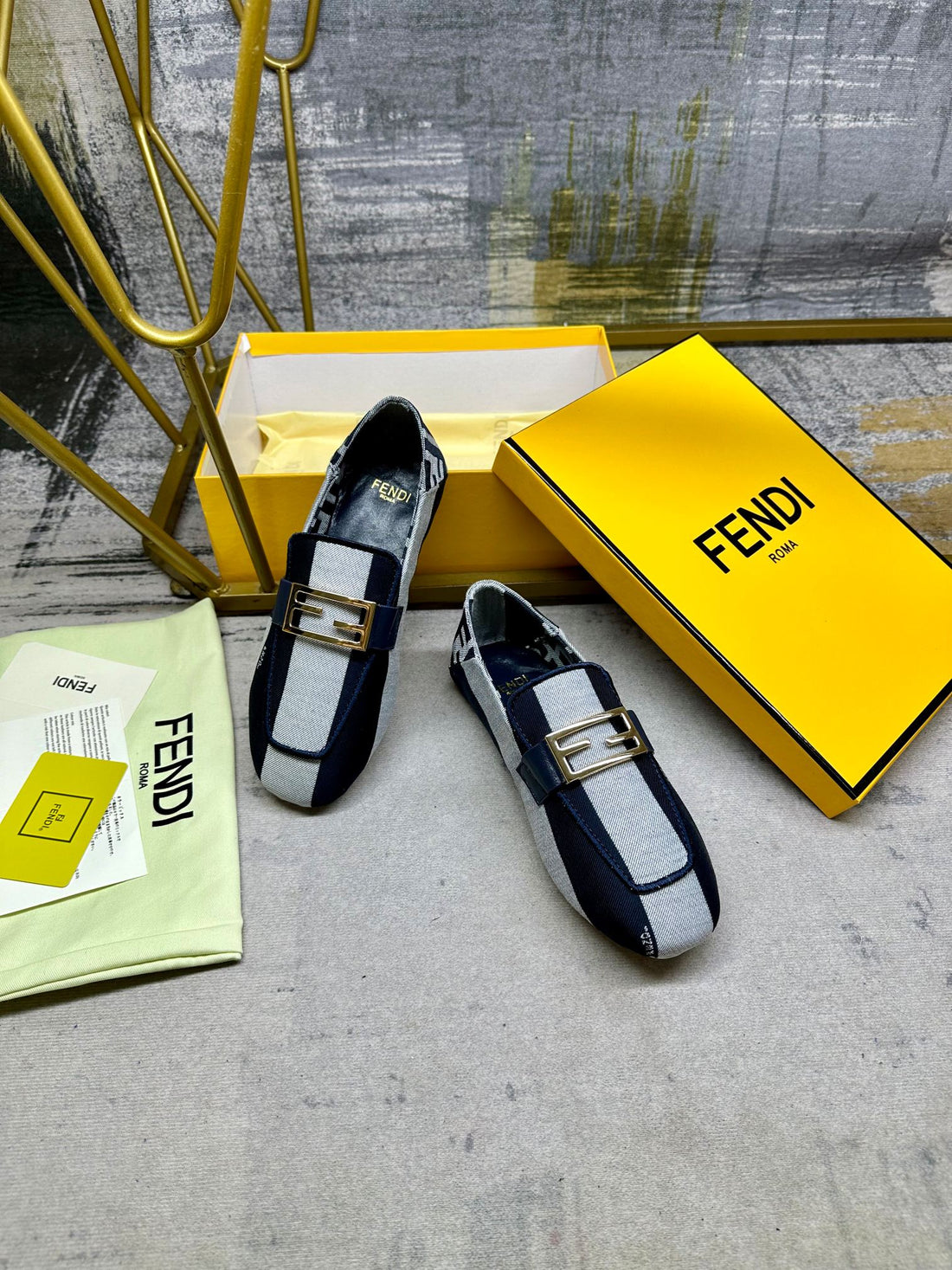 Fendi Baguette Loafers In Navy Blue Mix White Canvas Gold Hardware