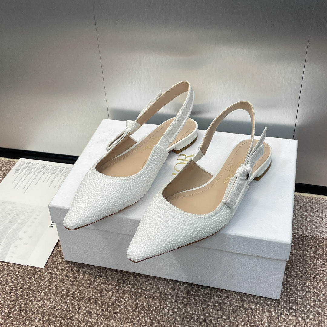 CD Slingback Flat Embroidered Cotton White Calfskin Resin Pearl