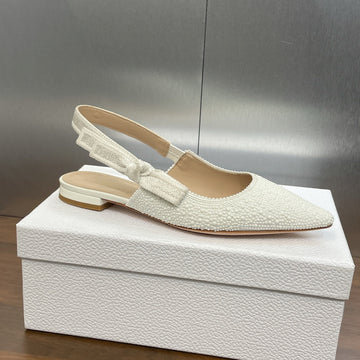 CD Slingback Flat Embroidered Cotton White Calfskin Resin Pearl