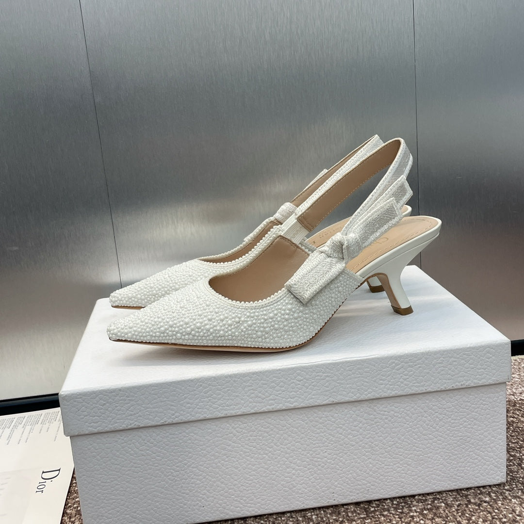 CD Slingback Pump 65 Embroidered Cotton White Calfskin Resin Pearl