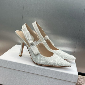 CD Slingback Pump 95 Embroidered Cotton White Calfskin Resin Pearl