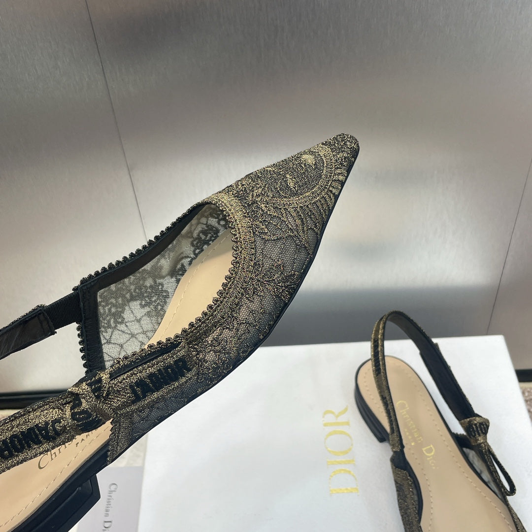CD Slingback Flat Transparent Mesh Embroidered Black Sun Motif