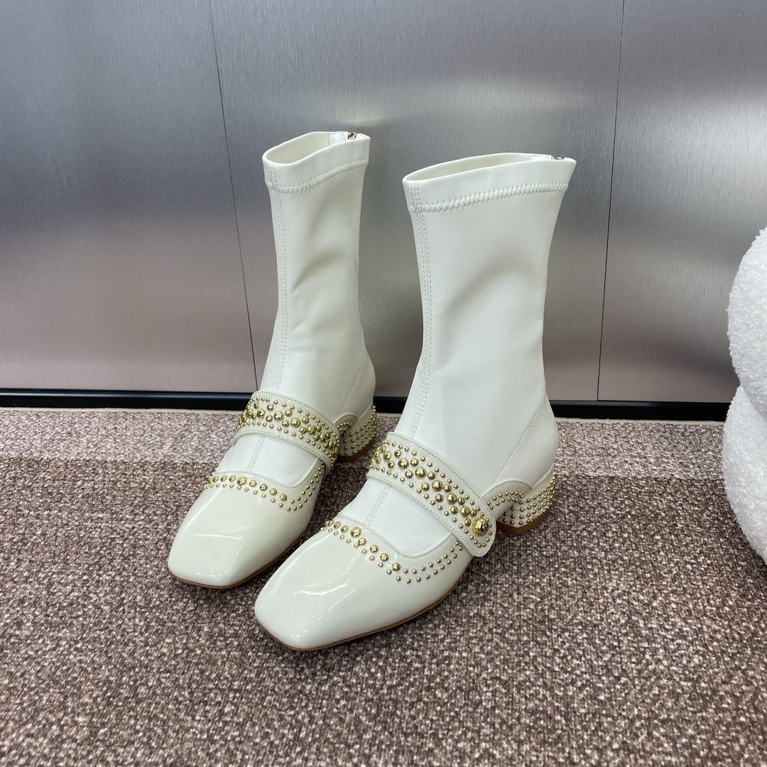 CD Ankle Knight Boots White Gold Patent Leather 433113
