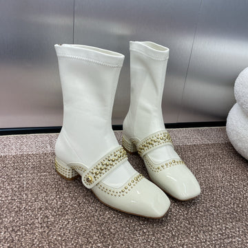CD Ankle Knight Boots White Gold Patent Leather 433113