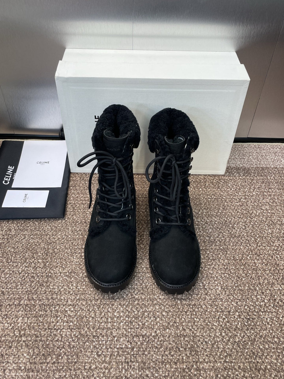 Celine Ankle Boots Black Suede Lambswool 433387