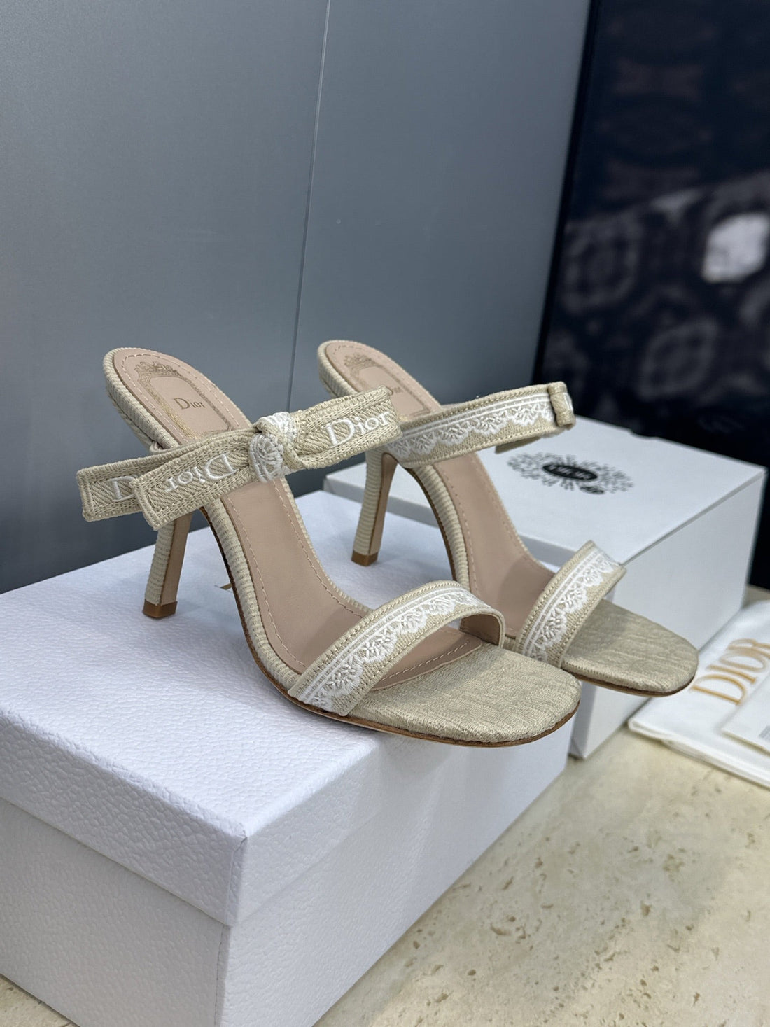 CD 26S Heeled Sandal 10CM Light Taupe Beige Leather Fabric 633068