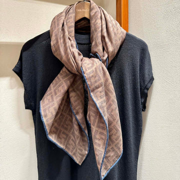 Ff Shawl 185 Cm In Coffee Brown Silk And Wool With Blue Border 413672