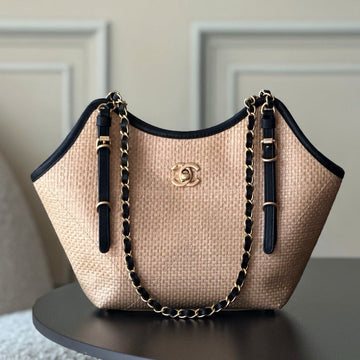 Chanel 2025 Maxi Hobo Bag 31CM Dark Beige Mix Black Straw Leather 320858
