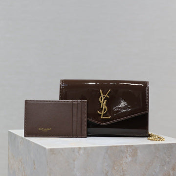 Uptown Chain Wallet 19CM Dark Brown Patent Calfskin