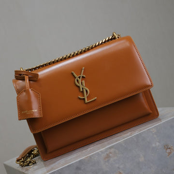YSL Medium Sunset Shoulder Bag 22CM Brown Cowhide